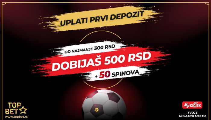 Uplati 300 RSD - Dobijaš još 500 RSD + 50 spinova!